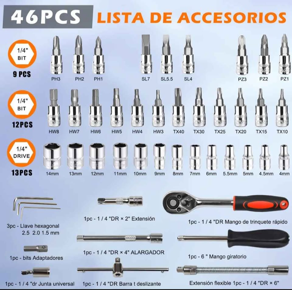 🧰 KIT DE HERRAMIENTAS DE 46 PIEZAS 🧰 ❗🔩 Tu mejor aliado para reparaciones, ajustes y proyectos del hogar 🔩❗