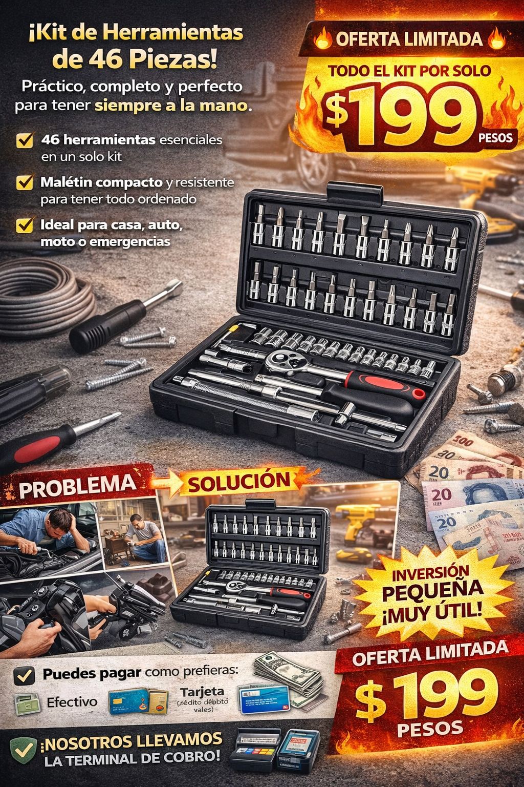🧰 KIT DE HERRAMIENTAS DE 46 PIEZAS 🧰 ❗🔩 Tu mejor aliado para reparaciones, ajustes y proyectos del hogar 🔩❗