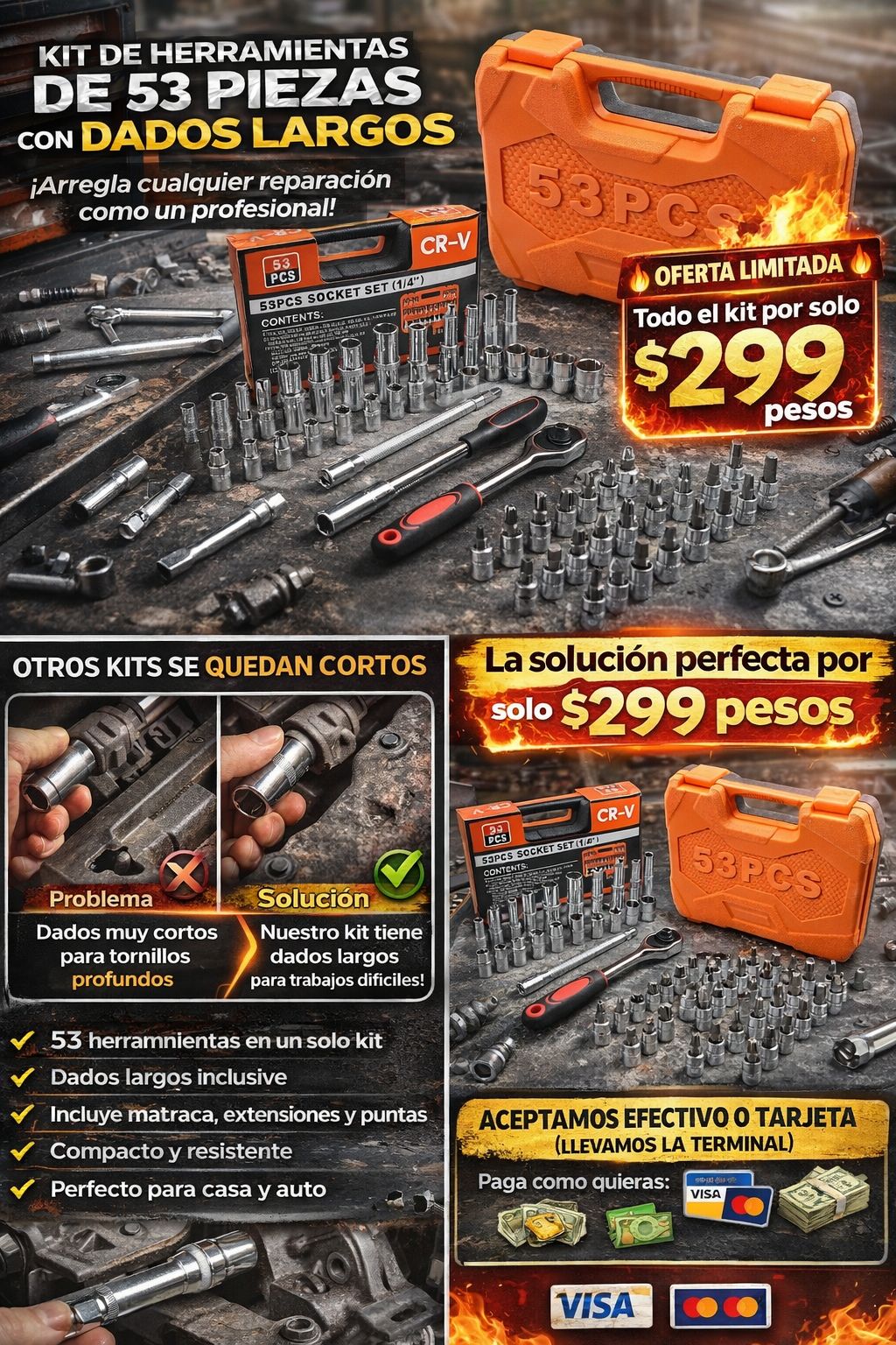 🧰 PODEROSO KIT DE HERRAMIENTAS PROFESIONAL DE 53 PIEZAS CON DADOS LARGOS 🧰 ❗ El kit que te saca de apuros y te hace el trabajo más fácil desde el primer uso ❗